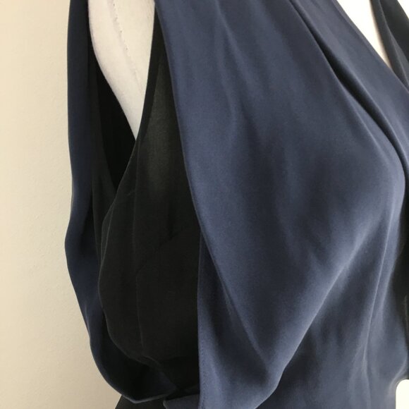 RAOUL Black Blue 100% Silk Pleated V Neck Ruching Shoulder Slit Hem Dress - Picture 10 of 13